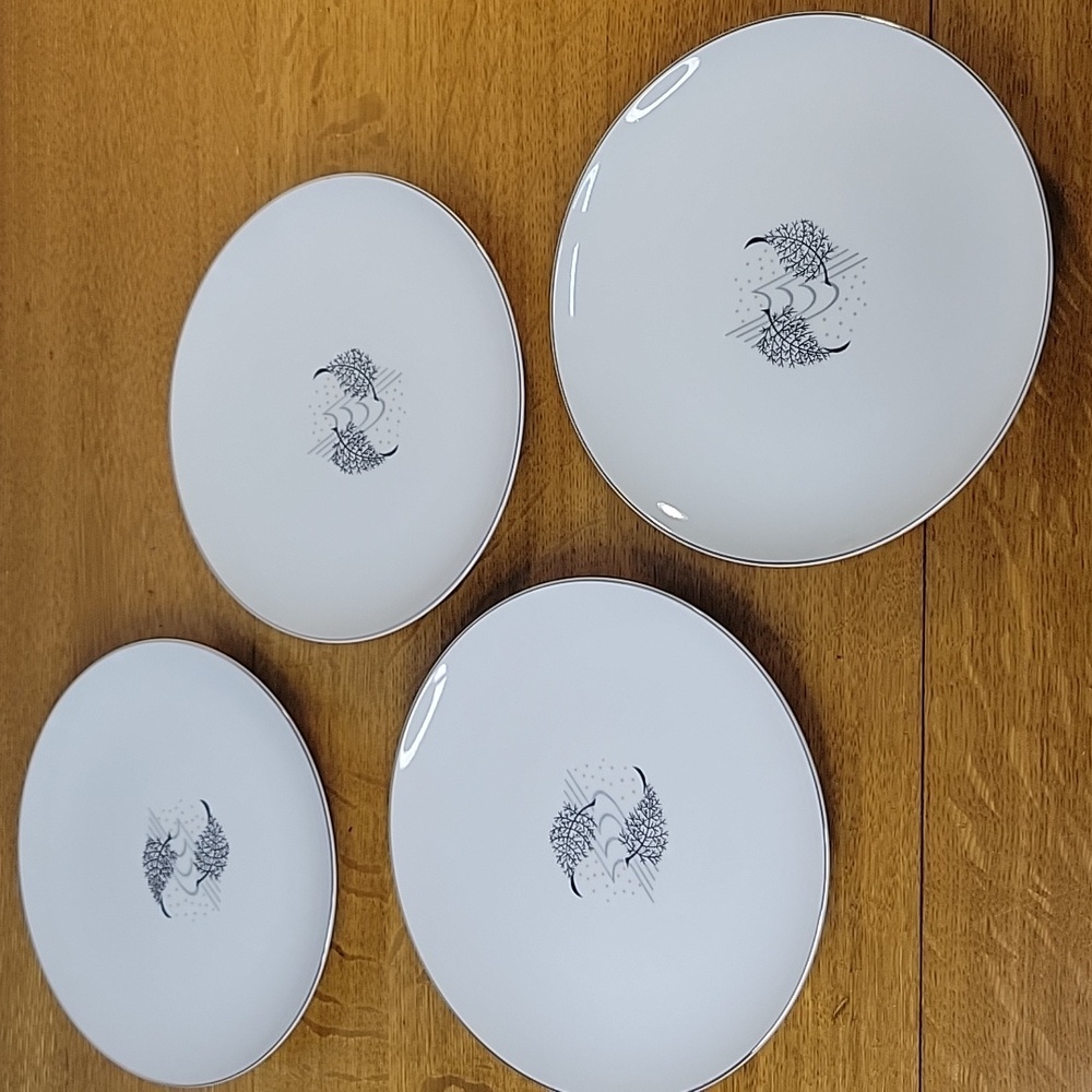 Trend China Salad Plate Fern Design Made In Japan White With Silver Rim Set Of 4
